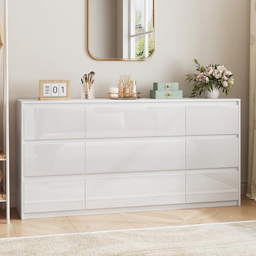Image of White Dresser for Bedroom, 60.2 inch W High Gloss Large 9 Drawers Dressers with Handle Free, Wide High Gloss Chest of Drawers Large, Long Modern Storage Drawer Dresser for Bedroom, Living Room