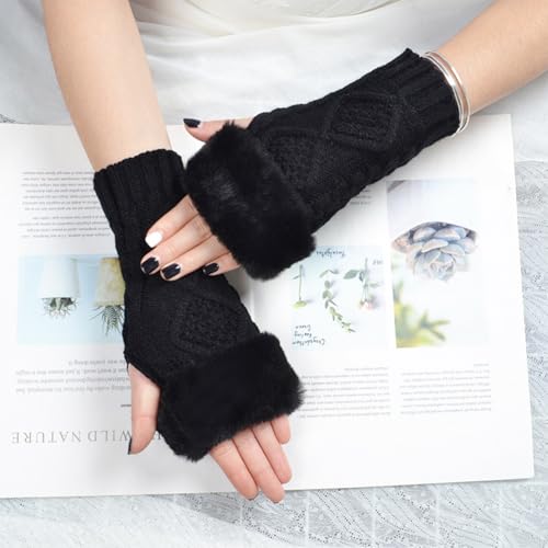 CABODYALS 2 Paar Schwarze Fingerlose Handschuhe Aus Fell Flauschige Handschuhe Weiche Armstulpen Aus Strick Daumenloch Handschuhe Mit Kunstfell Gestrickte Handgelenkwärmer Fäustlinge Für Damen Tippen