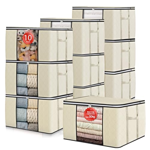 GoMaihe 90L Aufbewahrungstasche 10 Stück, Aufbewahrungsbox mit Deckel Groß Verstärkte Griffe, Kleidung Umzugskartons für Bettdecken, Unterbett Auf
