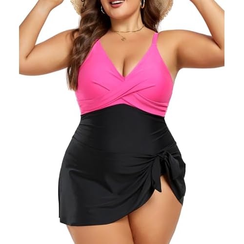 MFAVIP Women Plus Size Swim Dress Tummy Control One Piece Swimsuit V Neck Wrap Full Coverage Bathing Suit Cute Tie Knot