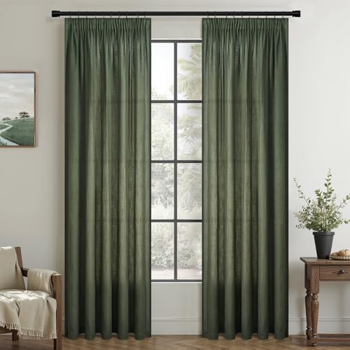Topfinel Cortinas Cortas De Lino Verde Oliva, 140 x 160 cm(An x Al),La Decoraci贸n del Dormitorio, Semitransparente, La Cortina Vintage con Volantes, De Voile para Riel, Juego De 2.