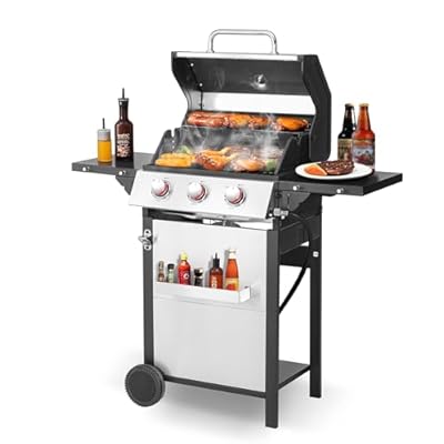 3-Burner Propane Gas Grill with 2 Foldable Side Tables, 30,000 BTU Outdoor BBQ Stainless Steel Grill with Porcelain-Enameled Cast Iron Grates and Thermometer, Easy Assembly for Patio, Backyard BBQ