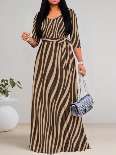Image of Maxi Dress for Women with Sleeves, Empire Waist Dress | A-line shape, self-tie belt, side pockets and pull-on design; stretch fabric for church, work and casual wear