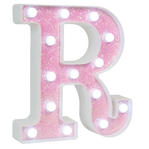 Image of Pink Glitter Marquee Light Up Letters, Battery Operated LED Letter Lights Signs for Pink Birthday Party Table Decorations, Wall Decor for Girls Bedroom, Initial Letter R with Cool White Lights