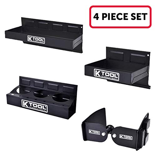 K Tool International 72462A Magnetic Toolbox Shelf, Tray, And Holder Set For Garages, Repair Shops, And Diy, Rubber Coated Magnets, (2) Trays, (1) Paper Towel And Spray Can Holders, Black, 4-Piece #TOP1