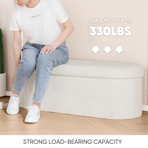 Image of B FSOBEIIALEO Ottoman with Storage for Living Room, Sherpa Folding Storage Ottoman Foot Rest, 43.3 Inches Collapsible Bedroom Bench White Cream