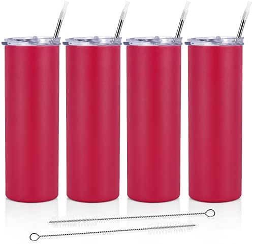 Qtencas Stainless Steel Skinny Tumbler Set, Insulated Skinny Tumbler with Lid and Straw, 20 Oz Slim Water Tumbler for Coffee Water Hot Cold Drinks, Set of 4, Viva Magenta
