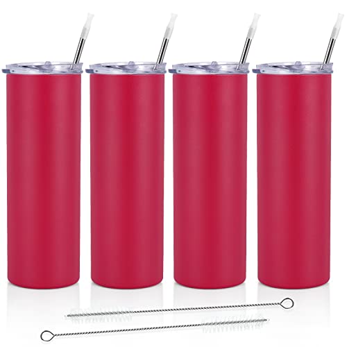 Qtencas Stainless Steel Skinny Tumbler Set, Insulated Skinny Tumbler With Lid And Straw, 20 Oz Slim Water Tumbler For Coffee Water Hot Cold Drinks, Set Of 4, Viva Magenta #TOP3