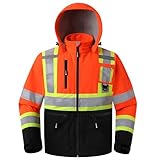 JKSafety Hi Vis Jackets for Men High Visibility Waterproof Softshell Jackets High Vis Reflective Jacket with Detachable Hood Orange Coats Polar Fleece Lining Meet ANSI Class 3 (SJ500-OBLK XL)