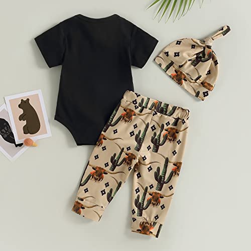 SAYOO Western Newborn Baby Boys Cowboy Outfit Cow Print Letter Bodysuit Long Leggings Cap 3pcs Infant Boy Country Clothes2
