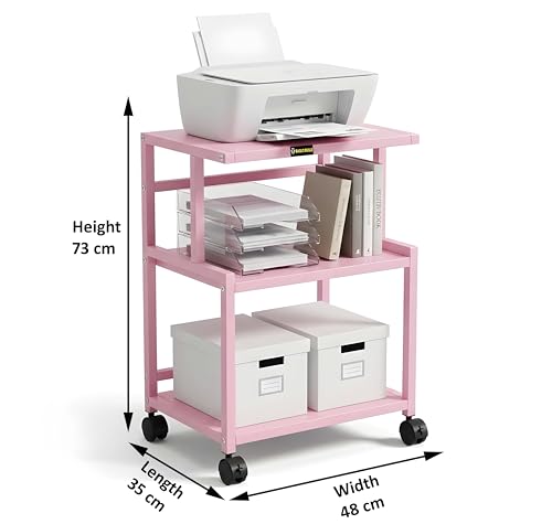 Image of Premium Metal Iron Pink Printer Stand with Wheels - Heavy-Duty & Stylish Storage Solution for Files, and Essentials - Durable, Modern & Perfect for Homes & Offices. (Pink)