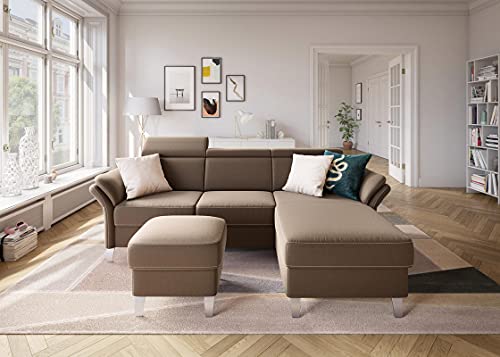 FUNTERIOR Classy lshape 5 Seater Suede Fabric Light Brown Sofa Set with Ottoman (LHS)