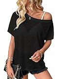 JDEEO Sheer Tops for Women Sexy See Through Off The Shoulder Blouse Short Sleeve Summer T-Shirt Black X-Large