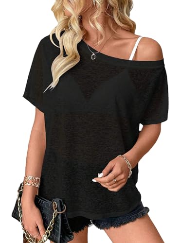 Off The Shoulder Tops for Women Sexy Mesh See Through Short Sleeve Summer Shirt