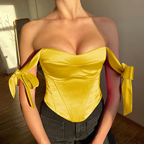 Corset Tops For Women Backless Bandage Lace Up Bustier Push Up Sexy Crop Tank Cami Aesthetic Fairycore(Yellow Satin,Medium) #TOP1