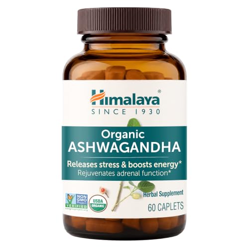 Himalaya Organic Ashwagandha Root, 60 Day Supply - Herbal Adrenal Support Supplements for Stress Relief and Energy Support - USDA Organic, Non-GMO, Vegan, Gluten Free, No Additives, 670 mg, 60 Caplets
