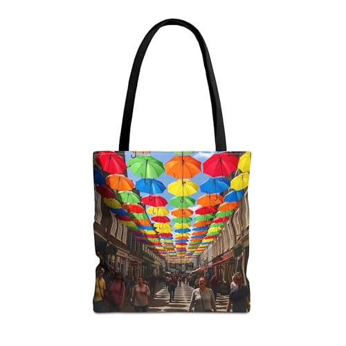Premium Tote Bag with Reinforced Stitching - Colorful Umbrella Street Design for Adults