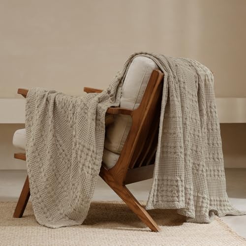 PHF 100% Cotton Waffle Weave Throw Blanket, Soft Lightweight Breathable Cozy Summer Throws for Couch Bed Sofa, Luxury Aesthetic Woven Blanket for Home Decor & Office, 50"x60", Simply Taupe