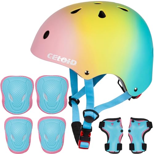 CELOID Kids Helmet Pad Set Adjustable Kid Skateboard Bike Helmet Knee & Elbow Pads Wrist Guards 5-8 Years Child Protective Gear Set for Girls Boys Bicycle Bike Roller Skating Scooter Sport Pink Blue