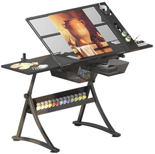 Drafting Tables Drawing Art Table, Height Adjustable Paintings Work Station, with 2 Storage Drawer, Retractable Side Panels