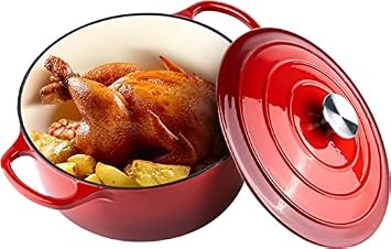 Home Cast Iron Enameled Dutch Oven Pot with Lid Sauce Pan, Pasta Server, Stove Top Pot, Dish for Sourdough Bread, Slow Cooking Chicken, Soup & More, Kitchen Cookware - Red
