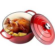 Home Cast Iron Enameled Dutch Oven Pot with Lid Sauce Pan, Pasta Server, Stove Top Pot, Dish for Sourdough Bread, Slow Cooking Chicken, Soup & More, Kitchen Cookware - Red