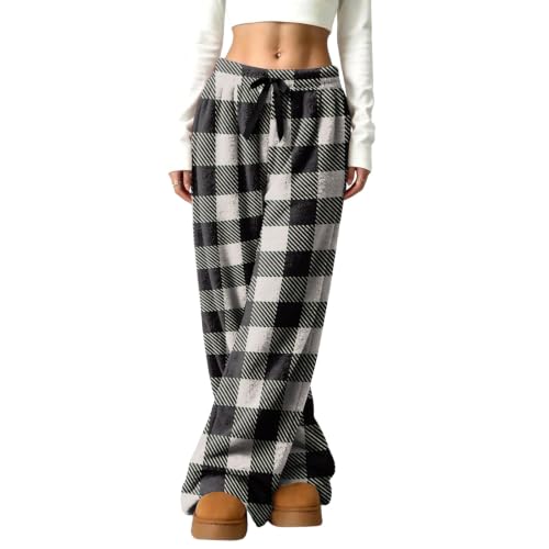 Wide Leg Pants for Women Comfort Checkered Plaid Flannel Elastic Waist Pant - image 4