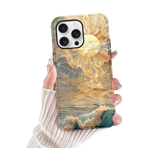 lioscre for iPhone 16 Pro Stained Glass Phone Case 6.3", Aesthetic Ocean Waves Sun Rays Case Cute Pattern Print Design Cover Anti-Scratch Glossy 2-Layer Hard Prevention Funda for Woman Girls Men