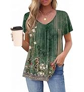 HOTOUCH Womens Ruffle Sleeve Tunic Tops Pleated V Neck Loose Fit Short Sleeve Shirts Summer Flora...