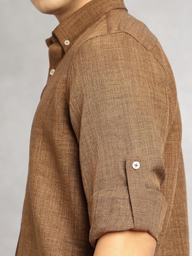 Image of Thomas Scott Men's | Solid | Textured Fabric | Full Sleeve | Slim Fit | Polyester-Blend | Spread Collar | Casual Shirt