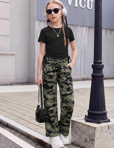 Image of Arshiner Girls 2 Piece Outfit Ruched Drawstring Tops and Wide Leg Pants Set