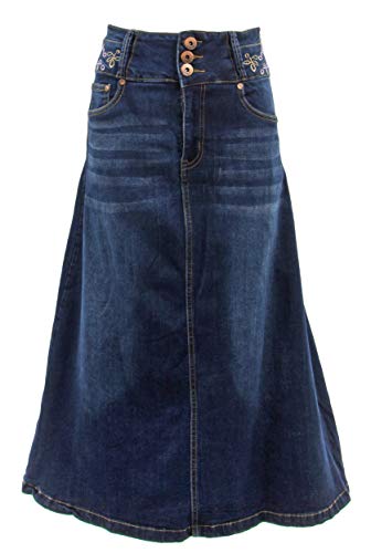 Women's Juniors Size Long A-Line Stretch Denim Maxi Skirt in Washed Dark Blue Size M
