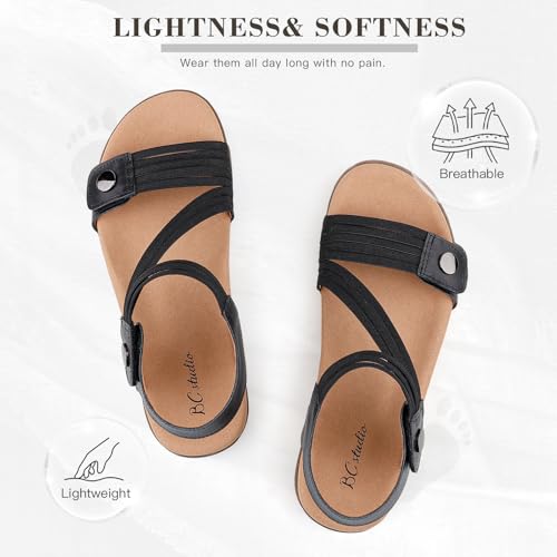BCSTUDIO Women's Comfort Orthopedic Sandals with Arch Support Summer Walking Casual Flats Shoes, Black, Size 114