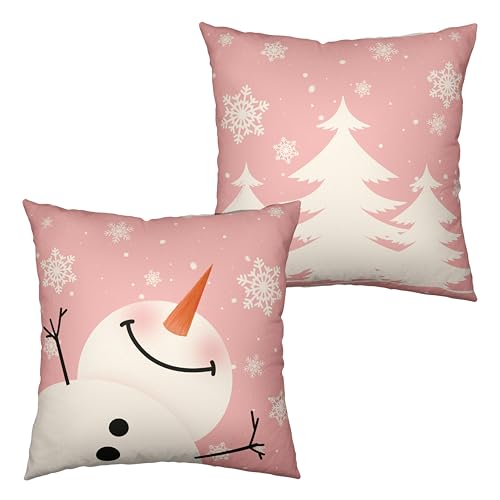 Kwlegh Set of 2 Snowman Throw Pillow Covers 24x24 Pink Christmas Pillowcase White Xmas Tree Pillow Covers Cotton Linen Cushion Case for Holiday Decorations Living Room Couch Sofa