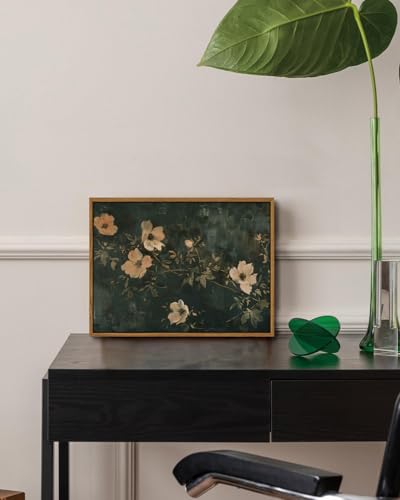 Image of KISSFOX Vintage Dark Green Flowers Framed Wall Art Moody Botanical Floral Canvas Art Summer Rustic Country Paintings Art Prints Modern Farmhouse Pictures Wall Decor For Kitchen Bedroom Girls Room