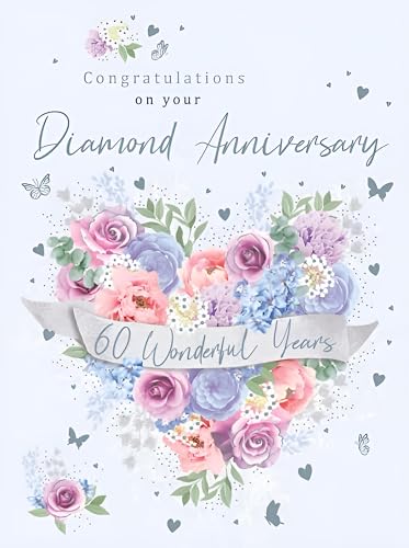 Noel Tatt Diamond Wedding Anniversary Card | 60 Wonderful Years | Floral Heart Design | For a Couple/Both of You | Eco-Friendly & Recyclable