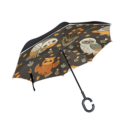 hengpai Brown Owls Reverse Inverted Inside Out Umbrella Cars Unigue Windproof UV Proof Double Layer for Women