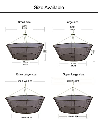 Easy Big Foldable Fishing Net Hand Net - Crab Net Fish Net With Fishing Rope For Fishes, Shrimps, Crabs (Green, Top Dia:59" Bottom Dia:47.2") #TOP1