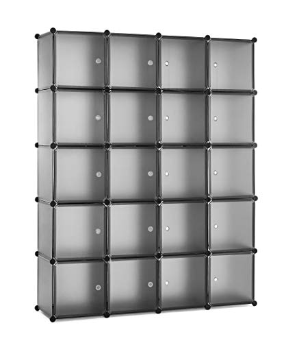 Meerveil Armário portátil, armário modular, placa de resina, 20 cubos com porta de armazenamento para roupa, livro, conjunto 184 cm x 37 cm x 147 cm, cinzento claro