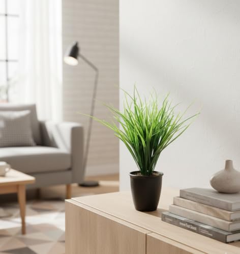 Image of Foliyaj Real Look Artificial Plant with Black Pot and Tall Green Grass for Interior Decor | Faux Plant for Desks, Shelves and Side Tables for Your Home and Office | Fake Plants for Indoor Decoration