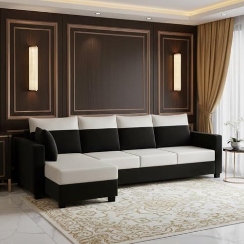 Image of FURNY Arissa 5 Seater Fabric LHS L Shape Sofa Set with Extra Cushions (Light Grey-Black) Premium Velvet Finish| Durable Comfort Ideal for Living Room