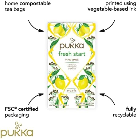 Pukka Herbs, Fresh Start Organic Herbal Tea, Lemongrass, Lemon, And Fennel, Fruit Tea, Perfect For An Inner Glow, 4 packs, 80 Sachets