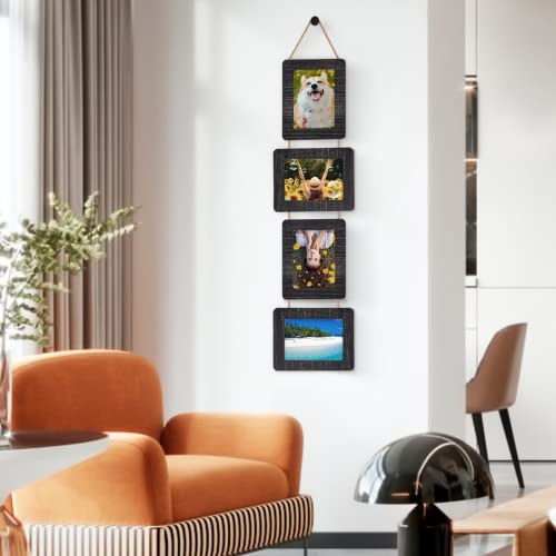 Abswhlm 5X7 Picture Frames Rustic Wood Hanging Picture Frames 4 Opening Photo Frame Display 4"X6" Pictures With Mat Or 5"X7" Without Mat, Weathered Black #TOP6