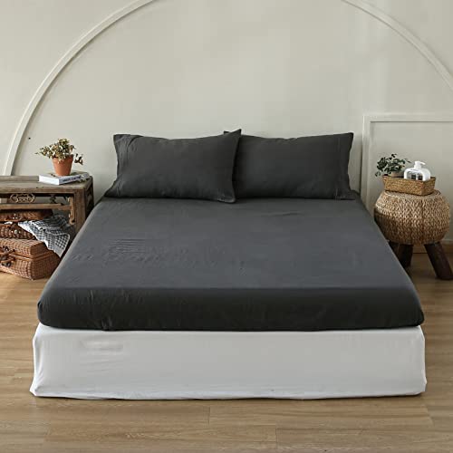 King Linens 100% Linen Fitted Sheet Stone Washed Solid Color - (1 Piece) 14 Inch Deep Pocket Mattress Cover Soft Natural Breathable Farmhouse - Dark Grey, King Size #TOP7