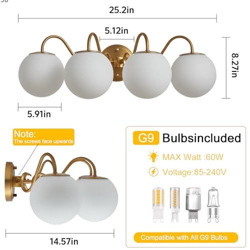 Image of Vintage Brushed Gold Bathroom Vanity Light Fixtures Over Mirror 4 Lights