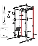 EonfitOmni Power Rack Smith Machine with Cable Crossover Pulley System and Attachments for Home Gym Strength Training Workout Equipment 1000lbs (Red(with Pad Support))