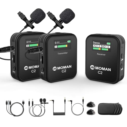Moman Micro Cravate sans Fil Professionnel, C2X Wireless Lavalier Microphone Con Écran TFT pour Appareil Photo Transmission 100m Caméra DSLR Caméscope Smartphone PC...