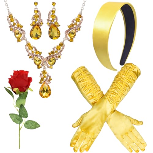 CZXCV Belle Prinzessin Kostüm Damen Komplettset mit Gelbe Krone, Halskette, Ohrringe, Handschuhen, Rosen - Gelbes Ballkleid Accessoires für...