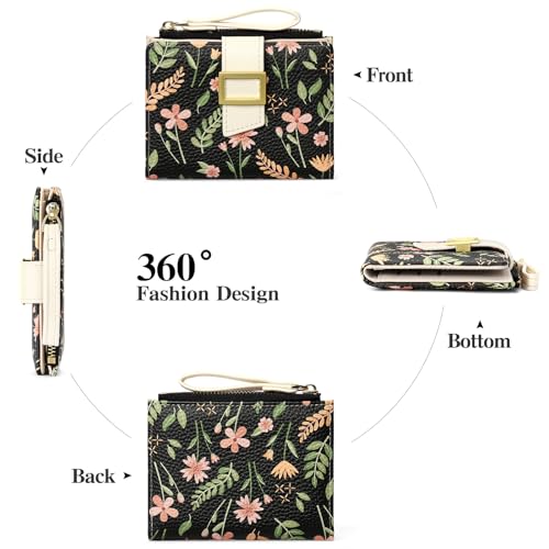 Image of RNIEGA Small Wallets for Women Bifold Vegan Leather Wallet RFID Blocking | Floral Pattern Card Holder with Zipper Pocket