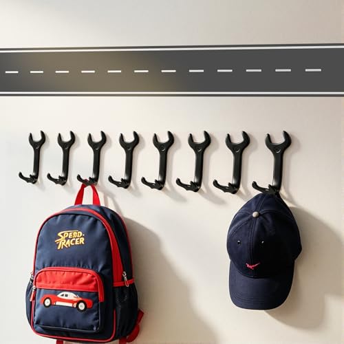 SINZHU Race Car Room Decor, 8PCS Heavy Duty Metal Wall Hooks with 78" Track Border Decal, Industrial Vintage Car Theme Storage & Display Organizer for Garage, Man Cave, Teen Bedroom Wall Decoration
